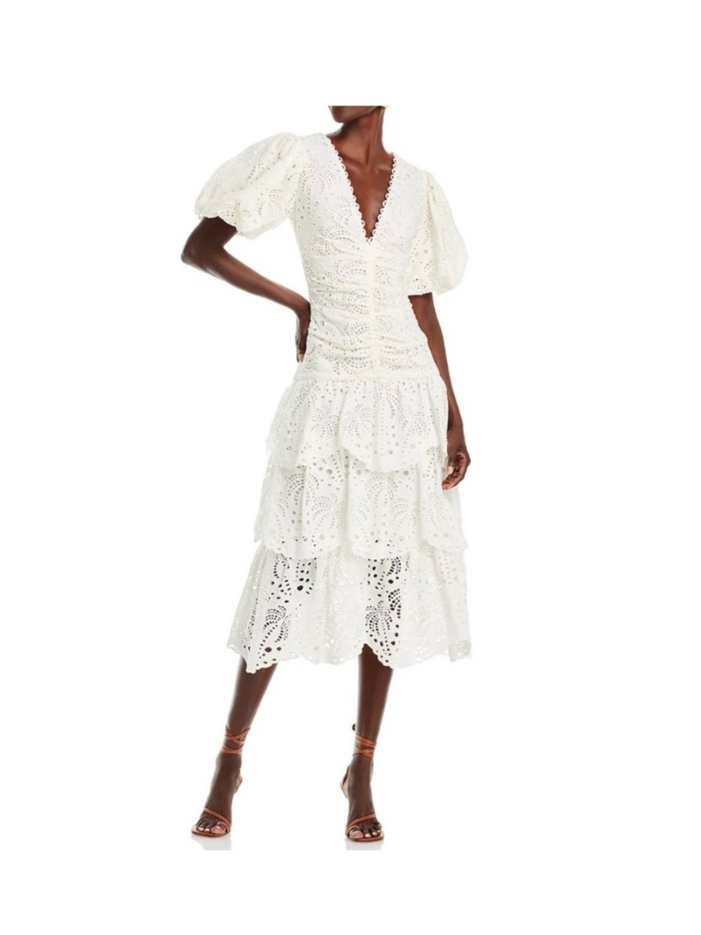 Farm Rio White Eyelet Puff Sleeve Midi Dress